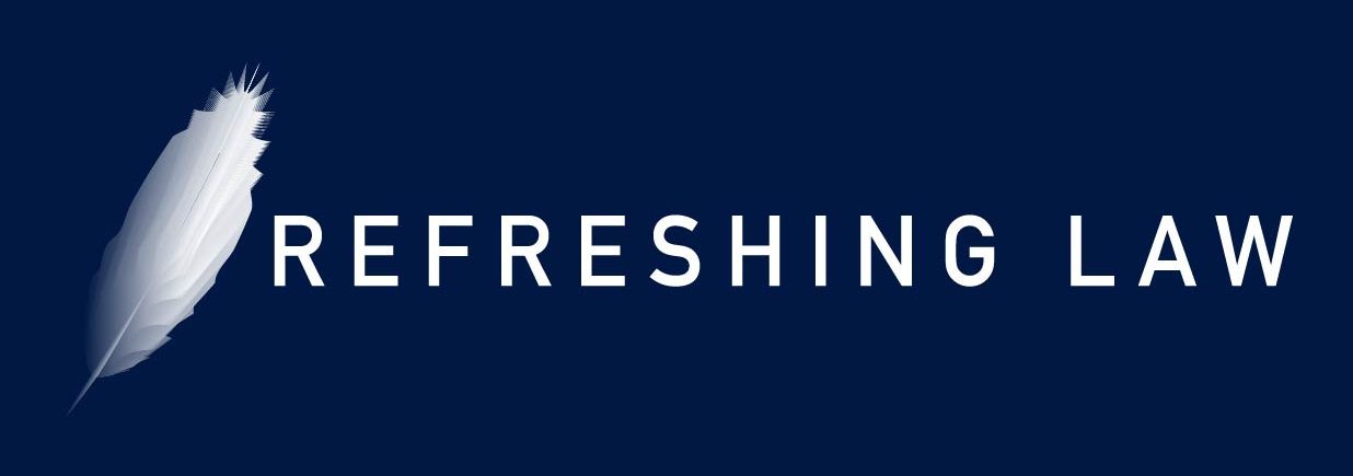 Inverted blue and white Refreshing Law logo