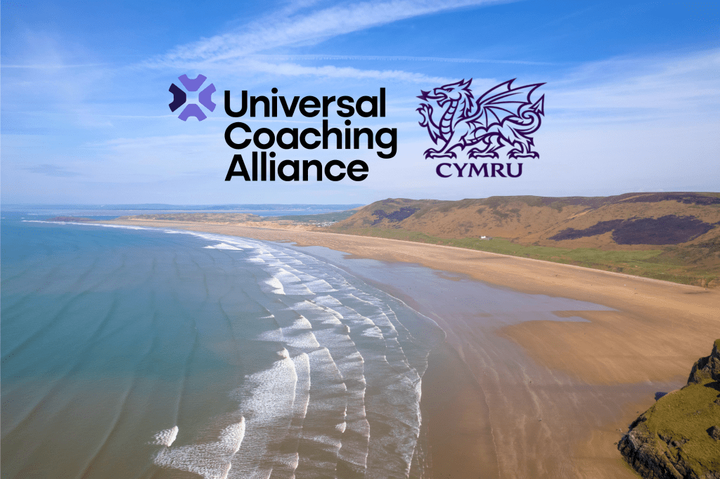 UCA logos superimposed on a photograph of Rhossili Bay in Wales